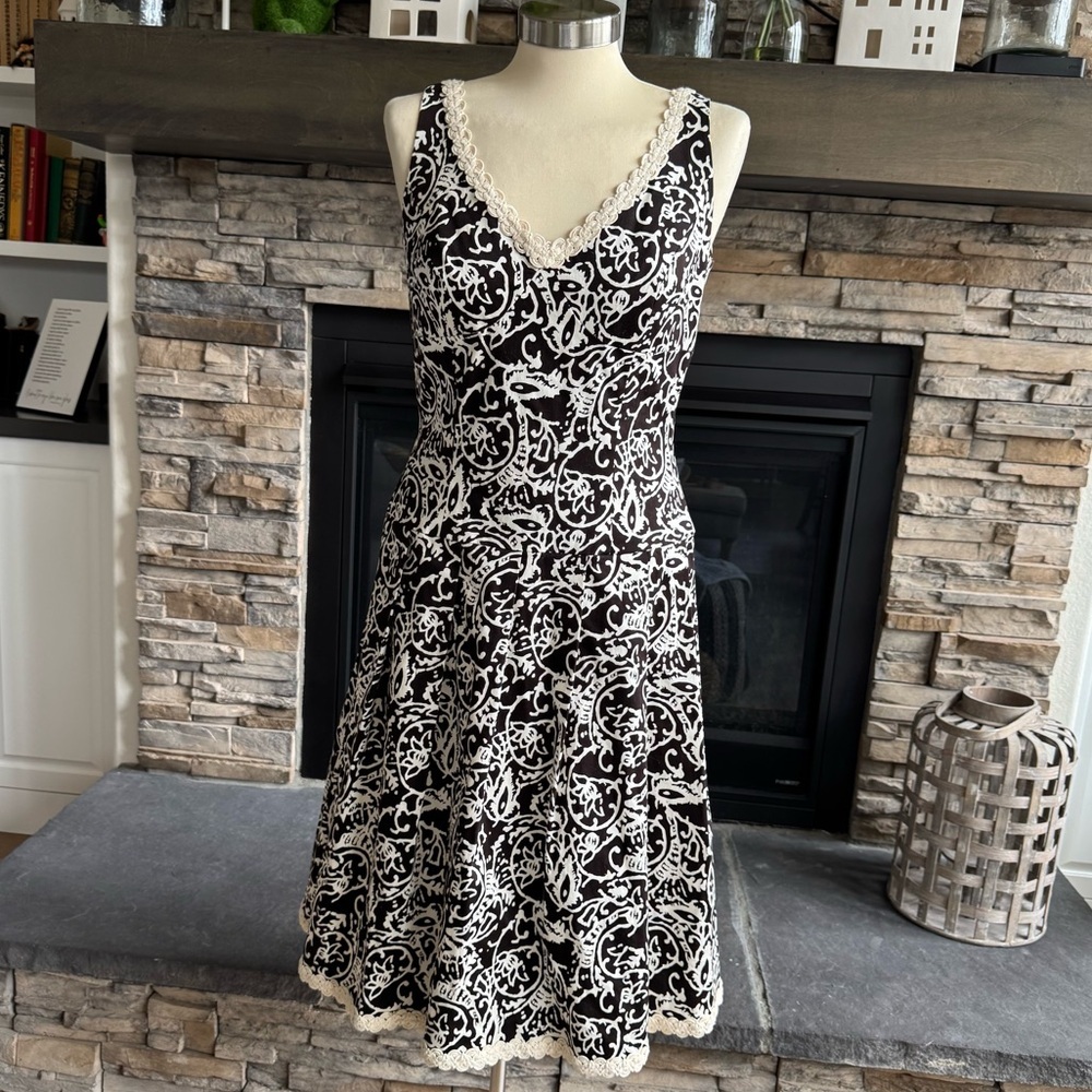 Suzi Chin for Maggy Boutique Cream and Brown A-Line Midi Dress